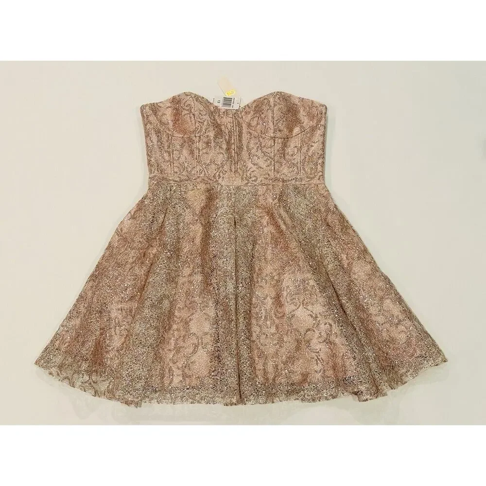 NEW GIANNI BINI GB Rose Gold Pink Silver Lace Overlay Strapless Size 13 $179 - Picture 6 of 14